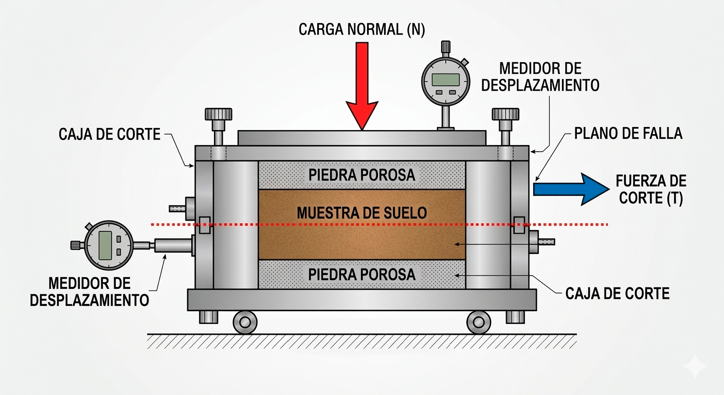 Esquema del equipo de ensayo de Corte Directo
