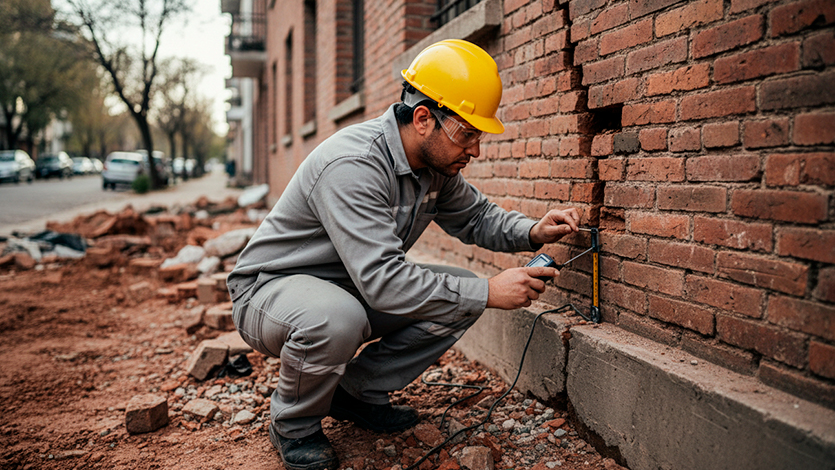 Ingeniero evaluando asentamiento diferencial y grietas