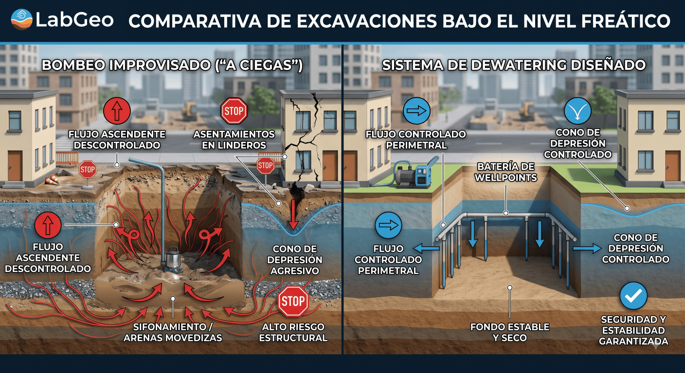 Infografía 3D: Comparativa de Bombeo vs Dewatering